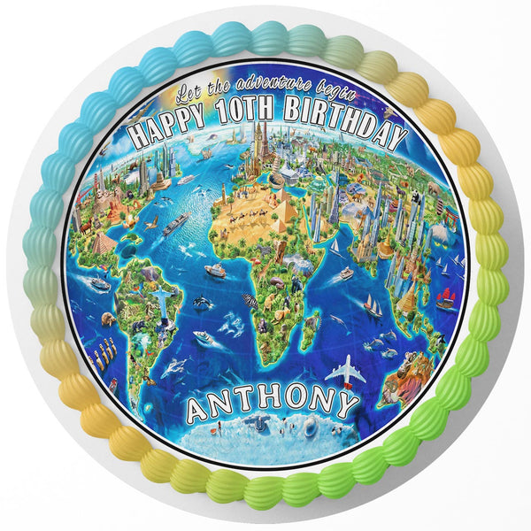 3D World Map Rd Edible Cake Toppers Round