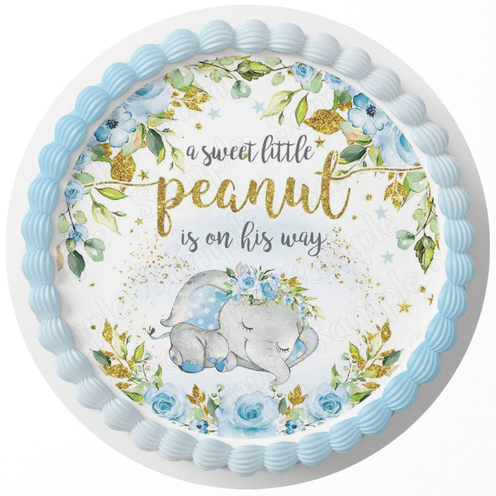 A Sweet Little Peanut Is On His Way Baby Boy Elephant Edible Cake Toppers Round