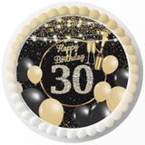 Black And Gold Balloons Glitter Champagne 30 Edible Cake Toppers Round