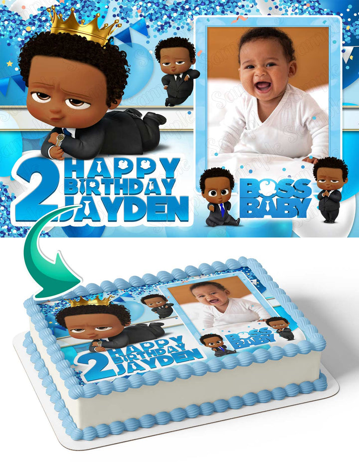 Boss Baby African American Boy Photo Frame Edible Cake Topper Image