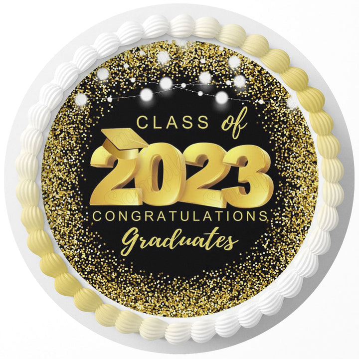 Class Of Congratulations Graduates Gold Edible Cake Toppers Round