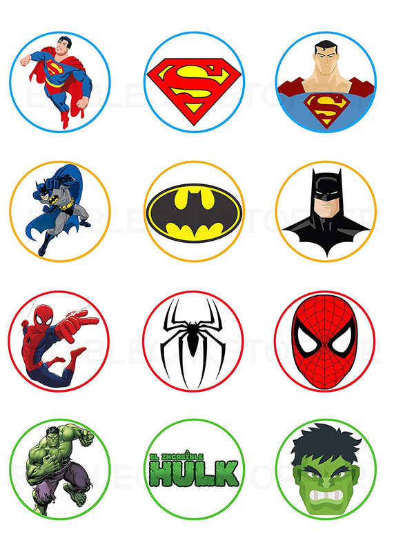 Superman Batman Spiderman Hulk Edible Cupcake Toppers