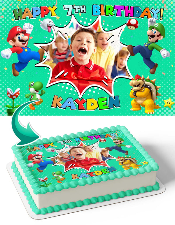 Mario Bowser Luigi Photo Frame Edible Cake Topper Image