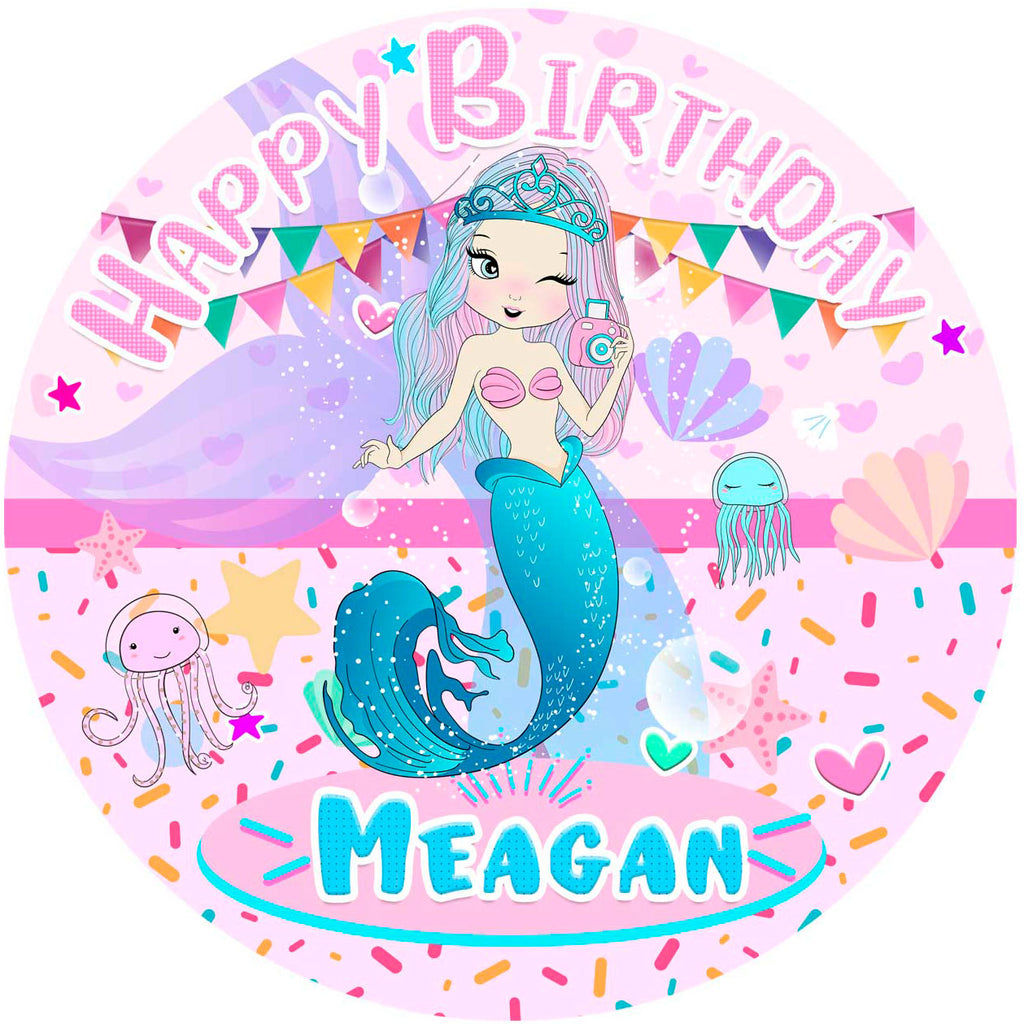 Mermaid Pink Girl Edible Cake Toppers Round