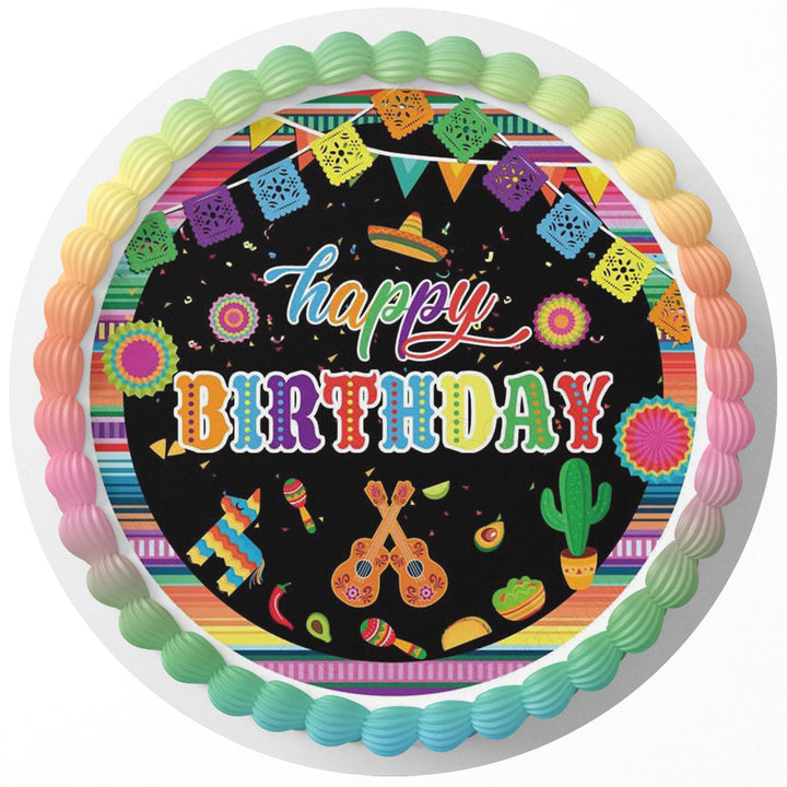 Mexican Decoration Happy Birthday Party Edible Cake Toppers Round