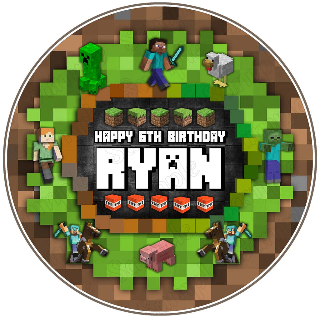 Minecraft Block Pixel Steve Creeper Edible Cake Toppers Round