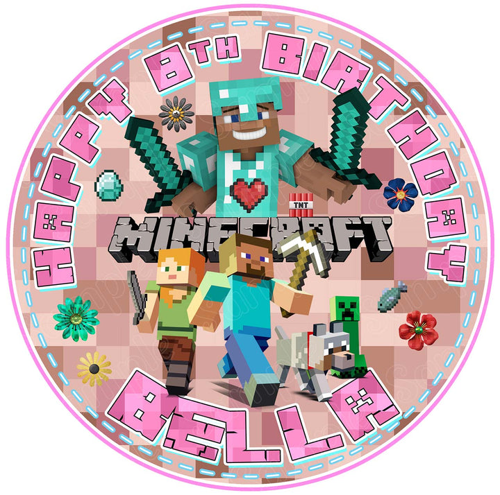 Minecraft Pink Girls Edible Cake Toppers Round
