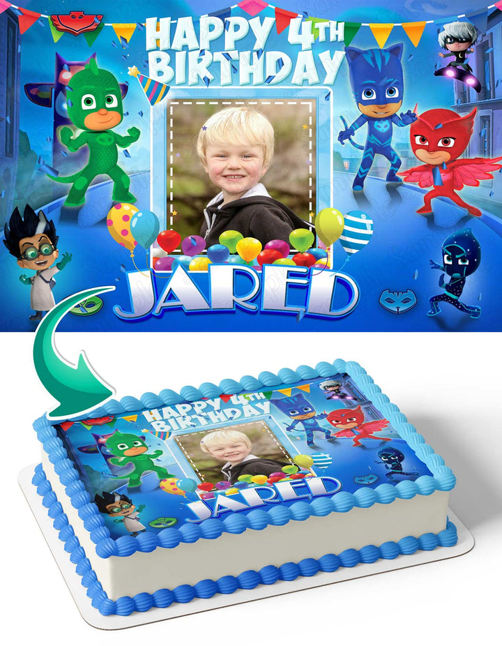 PJ Masks GekkoCat Boy Owlette Photo Frame Edible Cake Topper Image