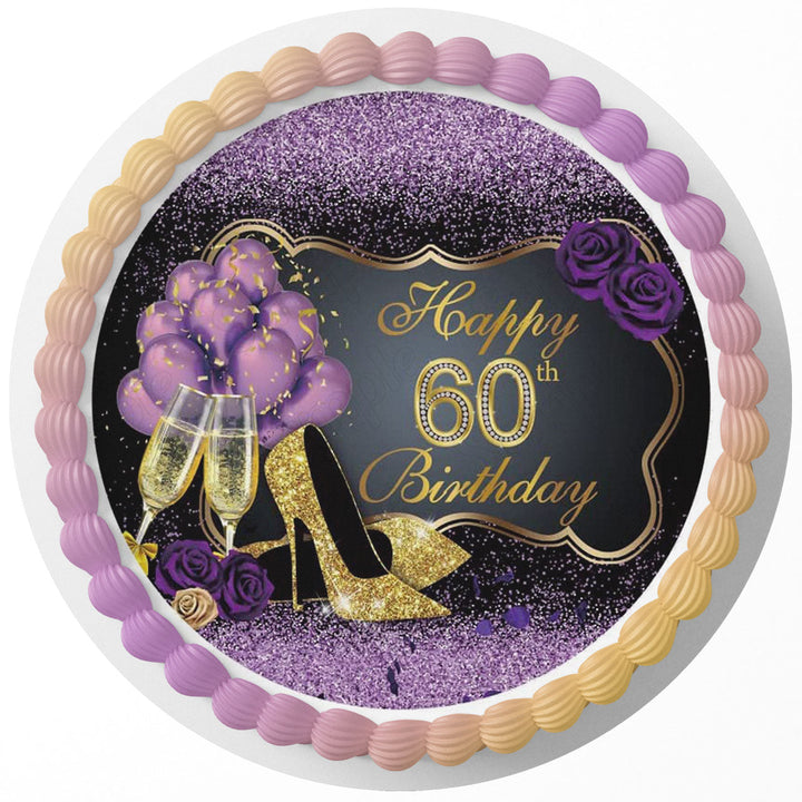 Purple Gold Champagne Glitter Shoes 60 Edible Cake Toppers Round