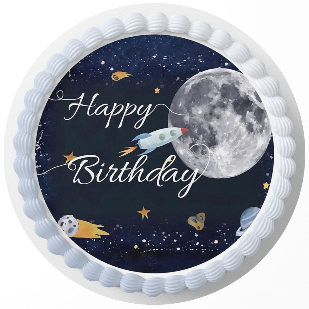 Space Rocket Moon Edible Cake Toppers Round
