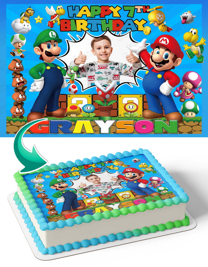 Super Mario Luigi Nintendo Photo Frame Edible Cake Topper Image