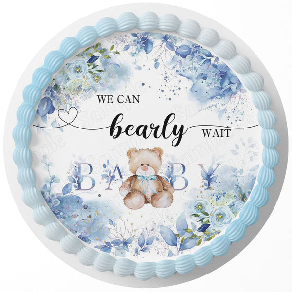 We Can Bearly Wait Baby Boy Edible Cake Toppers Round