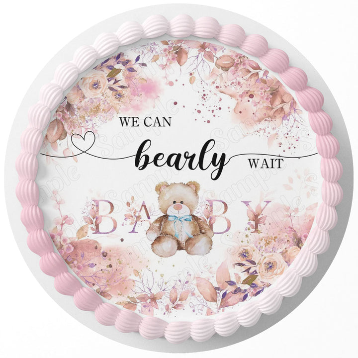 We Can Bearly Wait Baby Girl Edible Cake Toppers Round