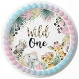 Wild One Baby Safari Animals Girl Pink Edible Cake Toppers Round